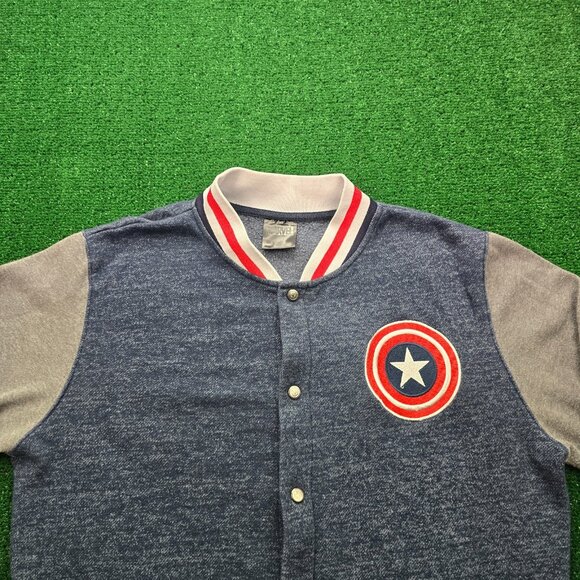 Marvel Captain America Varsity Jacket Mens Large Blue Gray Snap Button Letterman - Picture 2 of 8